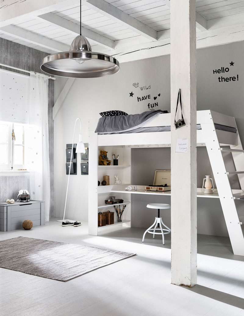 white kids room with loft bed