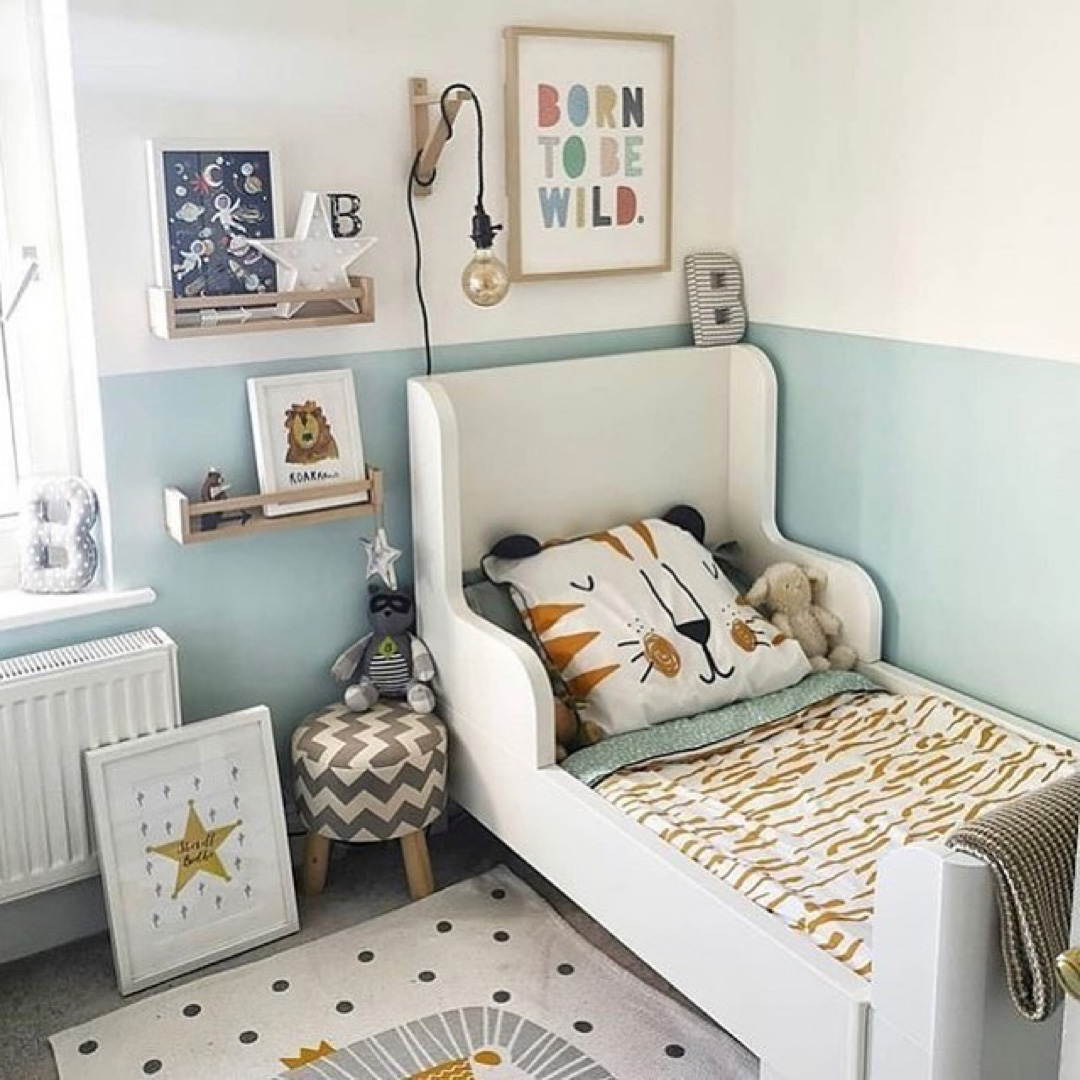 boy's room with mint green blue walls