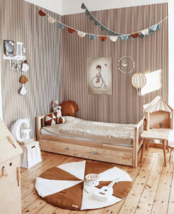 brown and white striped wallpaper kids room
